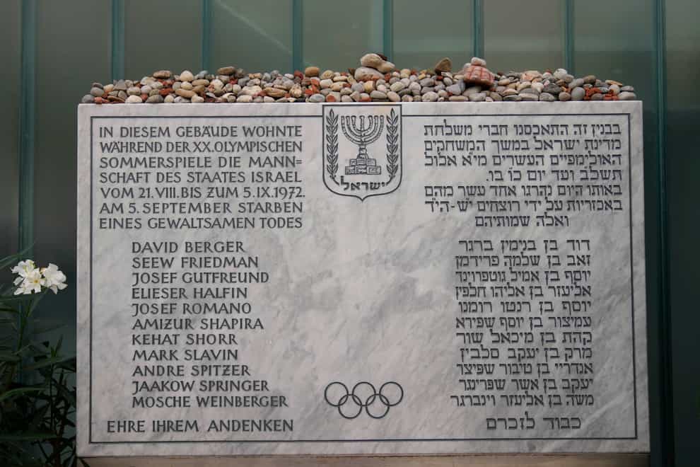A memorial plaque for the eleven athletes from Israel and one German police officer killed in a terrorist attack during the 1972 Munich Olympics (AP)