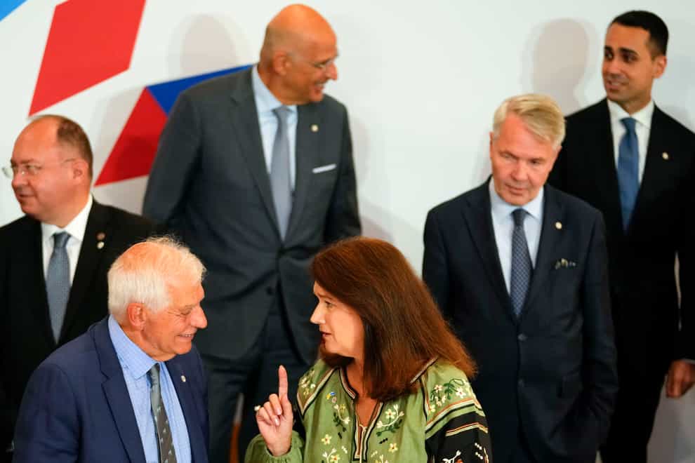 Sweden’s foreign minister Ann Linde, centre, speaks with European Union foreign policy chief Josep Borrell, second left, at talks in the Czech Republic (Petr David Josek/AP)