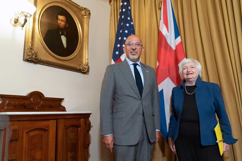 US treasury secretary Janet Yellen, right, with the United Kingdom’s Chancellor Nadhim Zahawi at the Treasury Department in Washington (Jacquelyn Martin/AP)