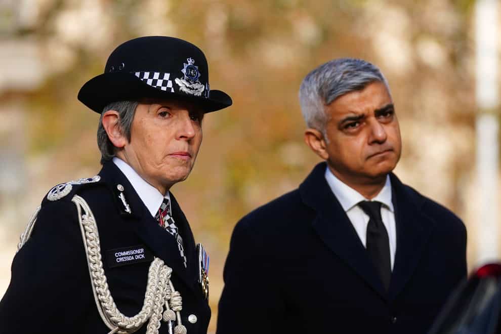 File photo dated 29/11/2021 of Metropolitan Police Commissioner Dame Cressida Dick with Mayor of London Sadiq Khan. Dame Cressida “felt intimidated” into stepping down as Commissioner of the Metropolitan Police in February this year following an ultimatum from Khan, according to a review by Sir Thomas Winsor which found due process was not followed. Issue date: Friday September 2, 2021. (Victoria Jones/PA)