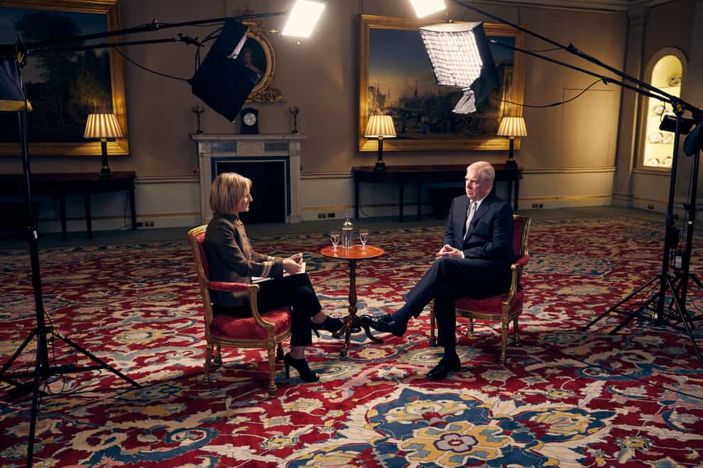 For use in UK, Ireland or Benelux countries only Undated BBC handout file photo showing the Duke of York speaking about his links to Jeffrey Epstein in an interview with BBC Newsnight’s Emily Maitlis. (Mark Harrison/BBC)