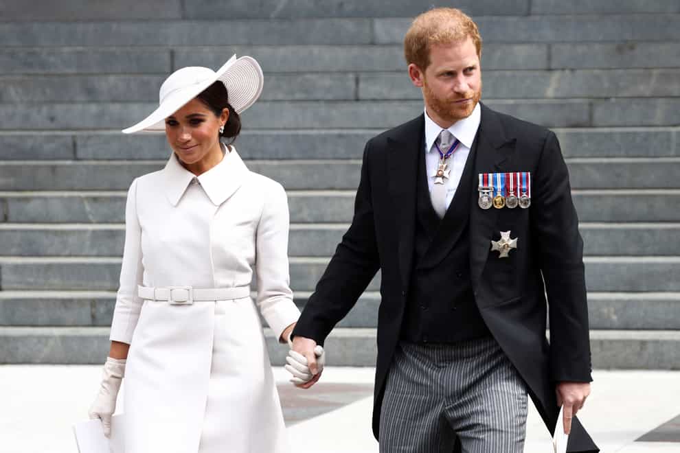 The Duke and Duchess of Sussex leaving the National Service of Thanksgiving at St Paul’s Cathedral (Henry Nicholls/PA)