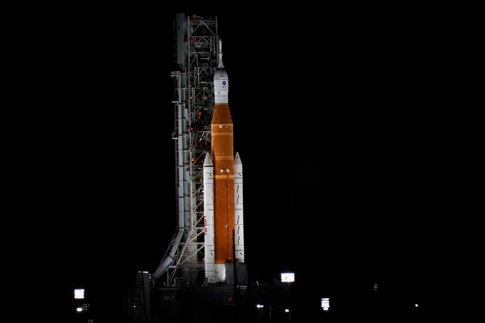 Nasa’s moon rocket on Launch Pad 39-B at Kennedy Space Centre (Chris O’Meara/AP)