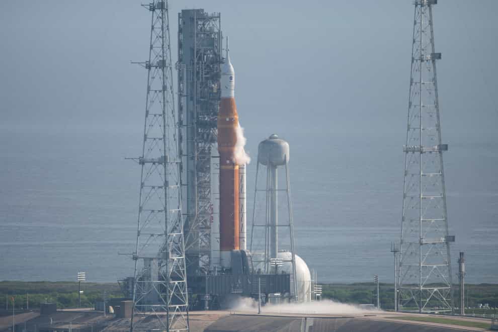 Nasa’s new moon rocket sits on Launch Pad 39-B (Nasa/AP)