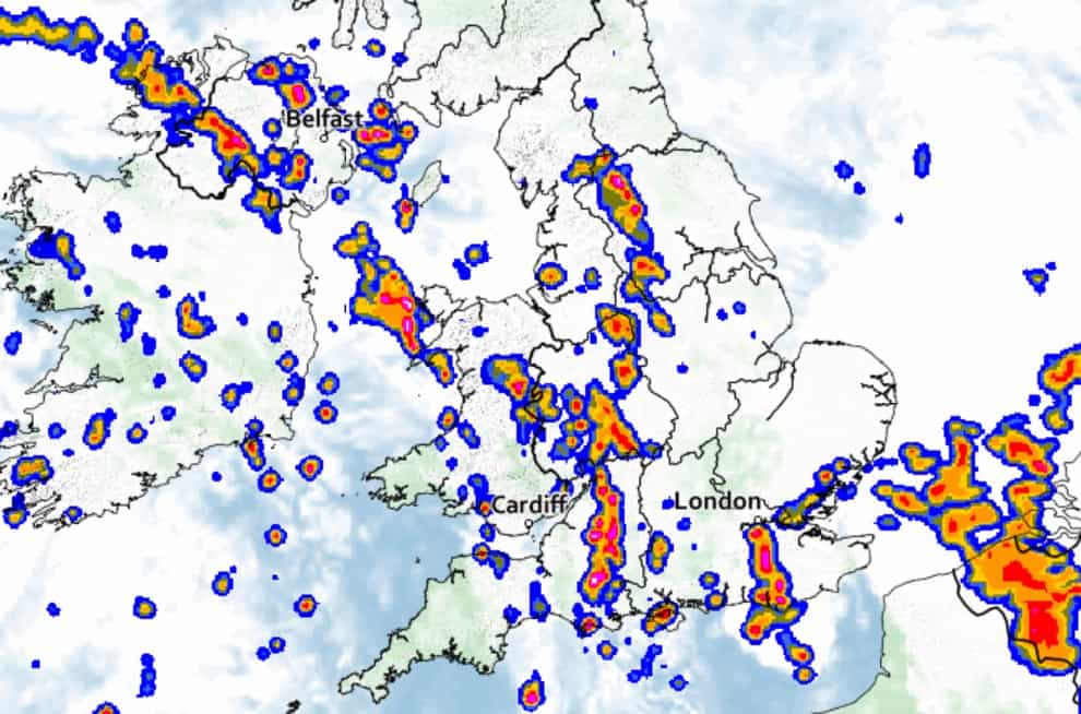 Thunderstorms pictures across southern and central parts of the UK at 10pm on Monday night (Met Office/PA)