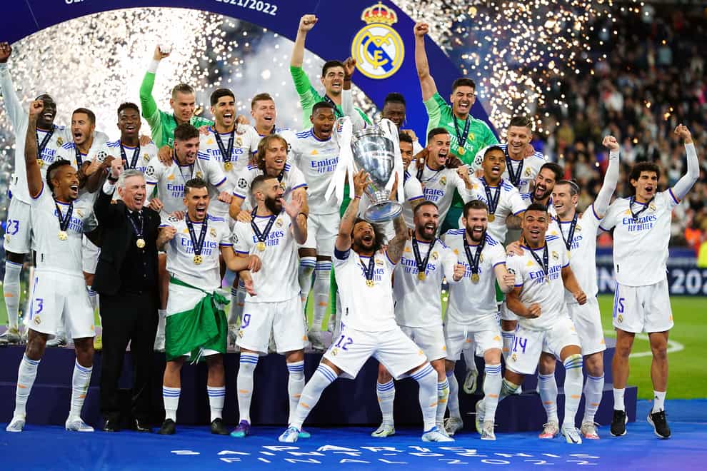 Real Madrid’s Marcelo lifts the Champions League trophy after the final win over Liverpool in May (PA)