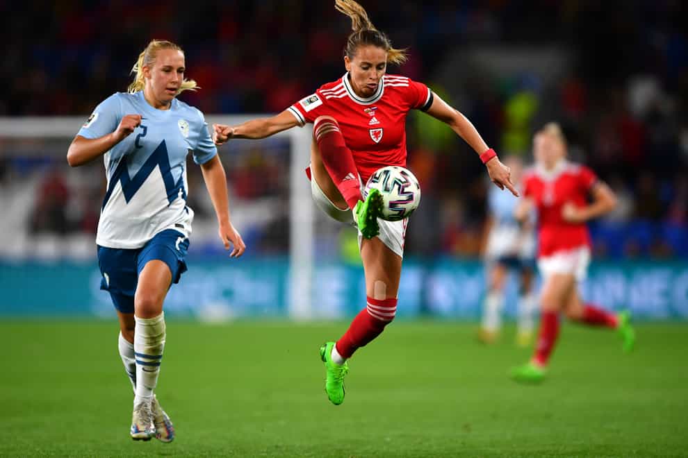 Wales’ Kayleigh Green (right) and Slovenia’s Lana Golob battle for possession in their goalless World Cup qualifier in Cardiff (Simon Galloway/PA)