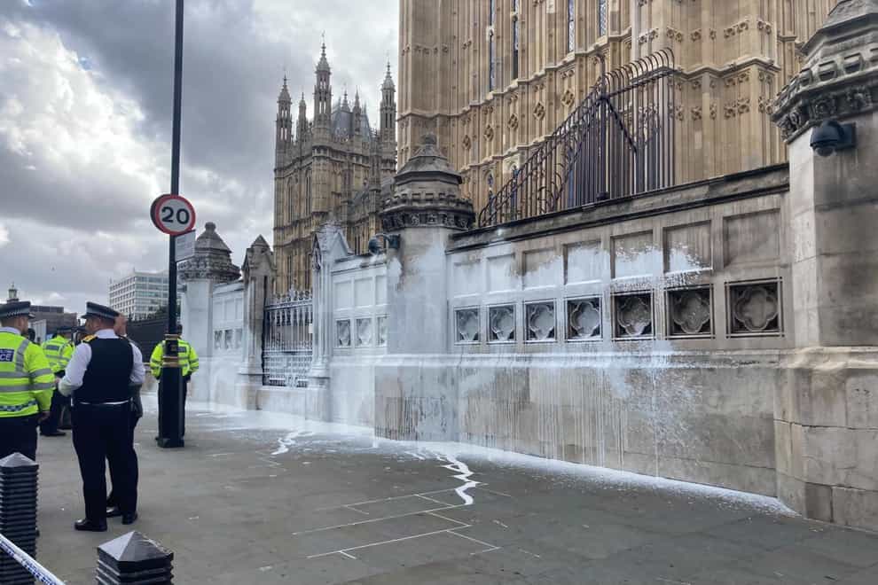 Animal Rebellion protesters threw white paint over the Houses of Parliament (Animal Rebellion/PA)