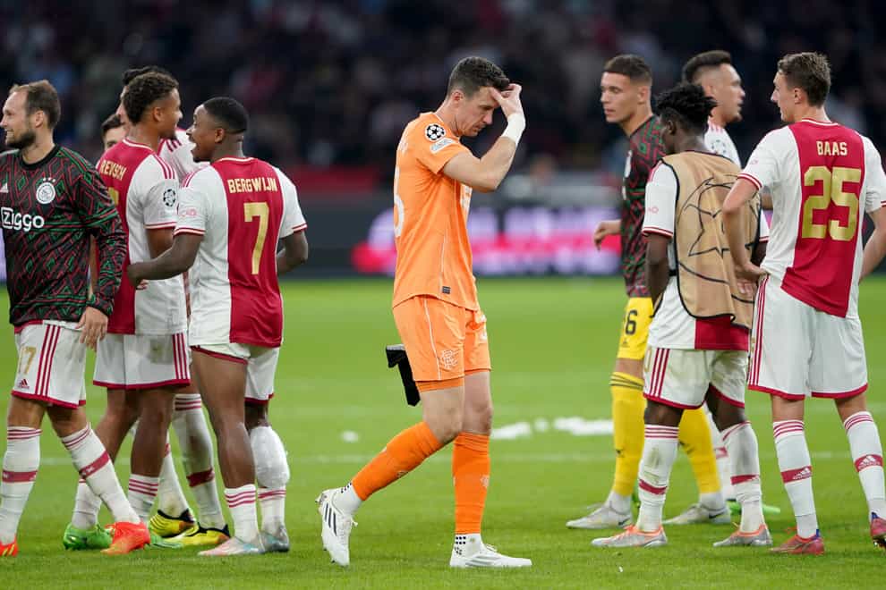 Rangers goalkeeper Jon McLaughlin is downbeat at full-time after his side were beaten 4-0 by Ajax (Zac Goodwin/PA)