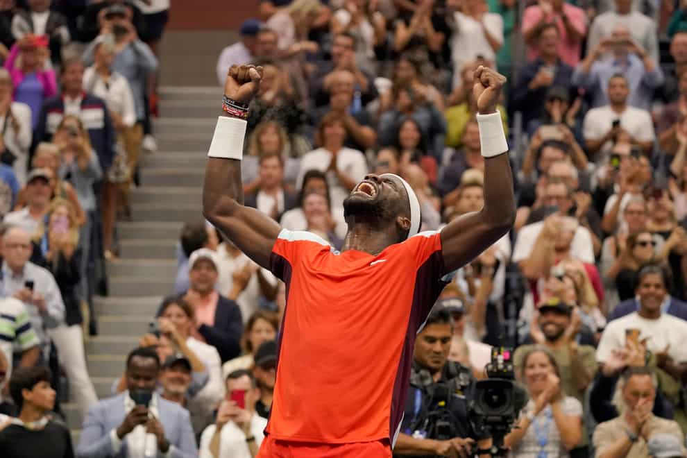 Frances Tiafoe celebrates his win over Andrey Rublev (Mary Altaffer/AP)