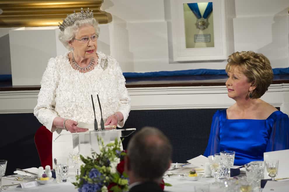 Britain’s Queen Elizabeth II delivers her speech watched by Irish President Mary McAleese during a state dinner on the second day of her State Visit to Ireland.