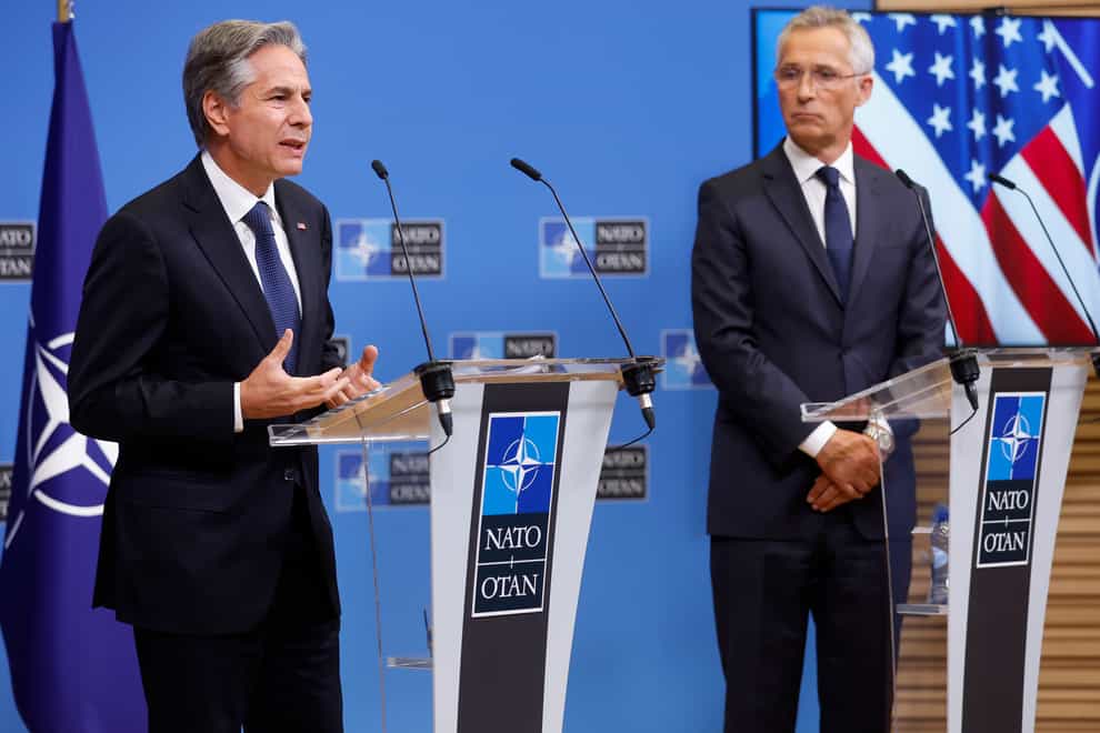 US secretary of state Antony Blinken, left, and Nato secretary general Jens Stoltenberg at a media conference after a meeting of Nato ambassadors at Nato headquarters in Brussels (Jonathan Ernst, Pool Photo via AP)