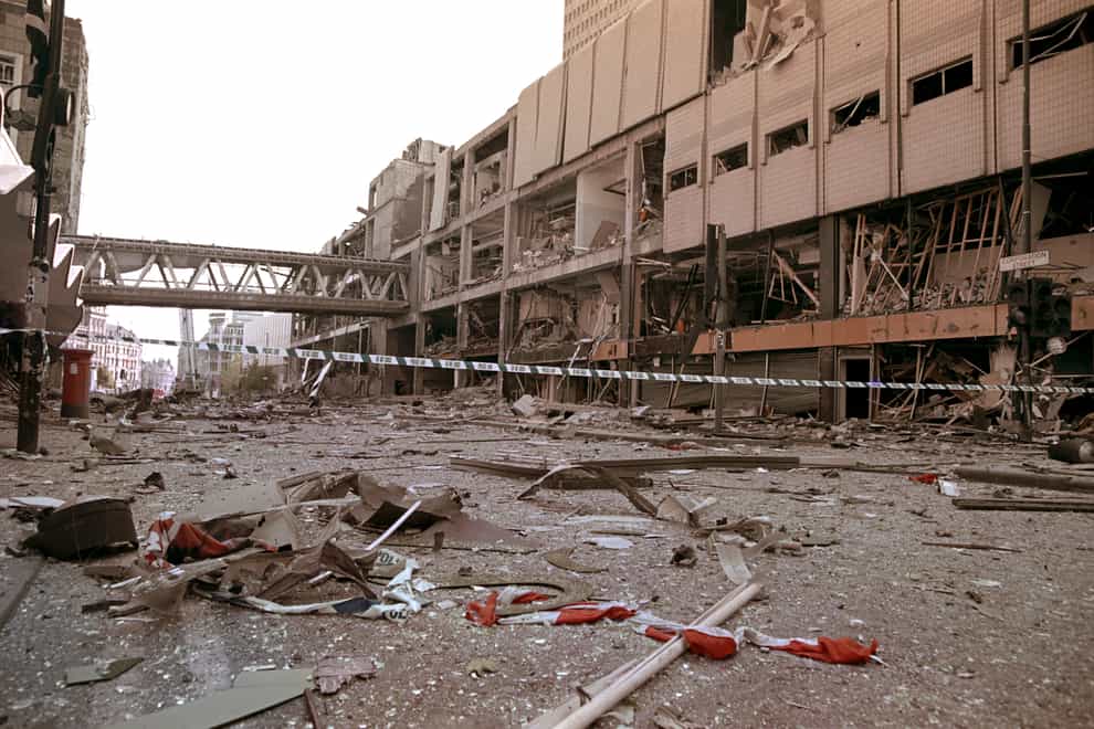 The scene of devastation in Manchester city centre following the bomb attack in 1996 (PA)