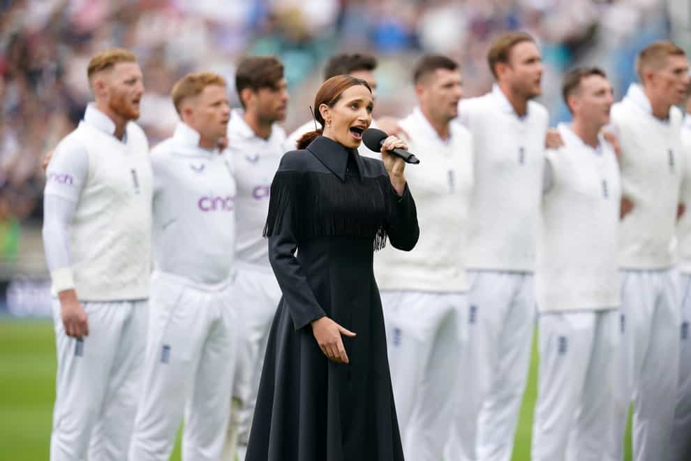 Laura Wright sings the national anthems before on day three of the third LV= Insurance Test match at the Kia Oval (John Walton/PA)