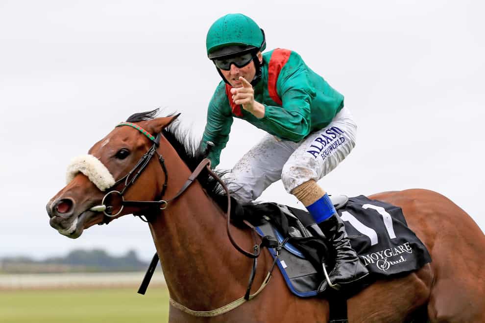 Chris Hayes celebrates winning the Moyglare Stud Stakes on Tahiyra during day two of the Longines Irish Champions Weekend at Curragh Racecourse in Newbridge, Ireland. Picture date: Sunday September 11, 2022.