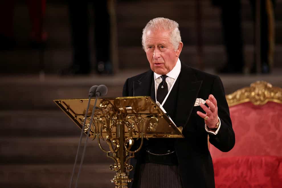 King Charles III gives an address at Westminster Hall following the death of the Queen (Henry Nicholls/PA)