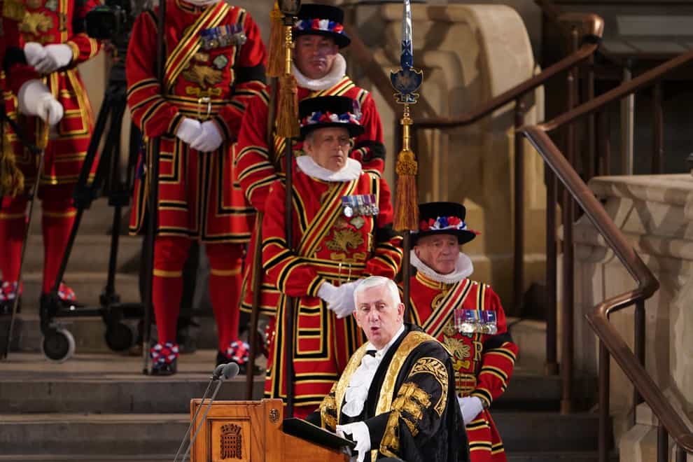 Speaker of the House of Commons Sir Lindsay Hoyle expresses condolences on behalf of members of the House of Commons to King Charles III and the Queen Consort at Westminster Hall, London (Joe Giddens/PA)