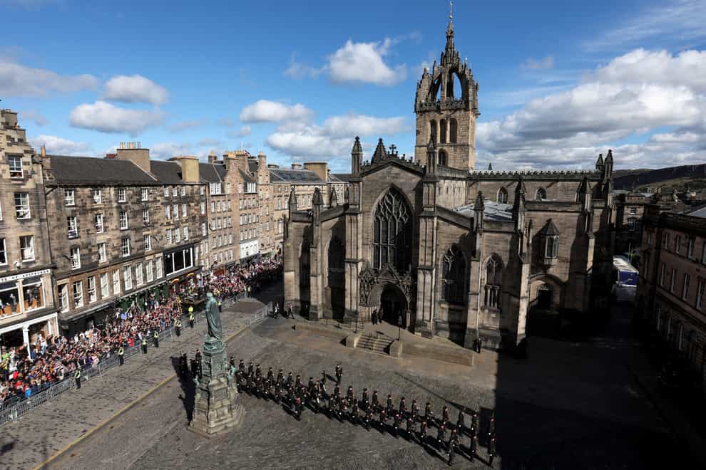 Royal Archers stand in formation outside the service of prayer and reflection for the life of the Queen at St Giles’ Cathedral (Russell Cheyne/PA)