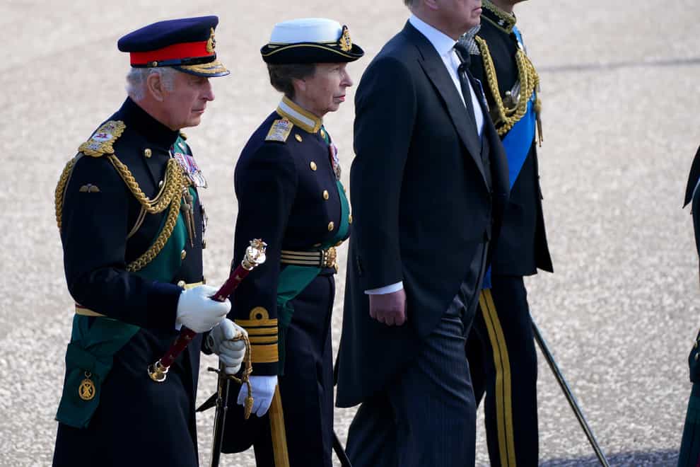 (left to right) King Charles III, the Princess Royal, the Duke of York and the Earl of Wessex walk behind Queen Elizabeth II’s coffin during the procession from the Palace of Holyroodhouse to St Giles’ Cathedral, Edinburgh (Jon Super/PA)