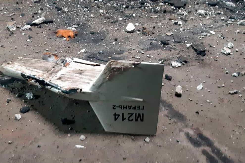 The wreckage of what Kyiv has described as an Iranian Shahed drone downed near Kupiansk (Ukrainian military’s Strategic Communications Directorate via AP)