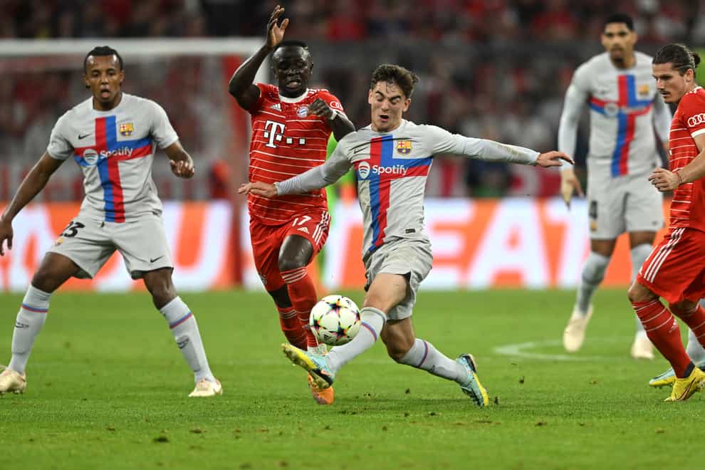 Barcelona’s Gavi (centre) was in Champions League action against Bayern Munich (Andreas Schaad/AP)