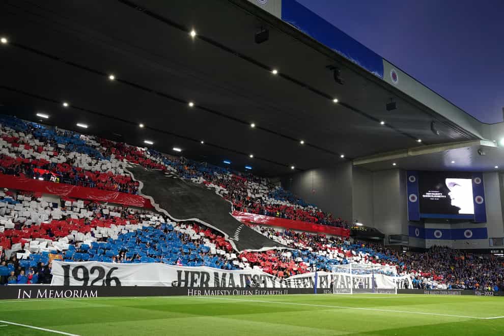 A giant British flag with a silhouette of the Queen was displayed at Ibrox on Wednesday night (Andrew Milligan/PA)