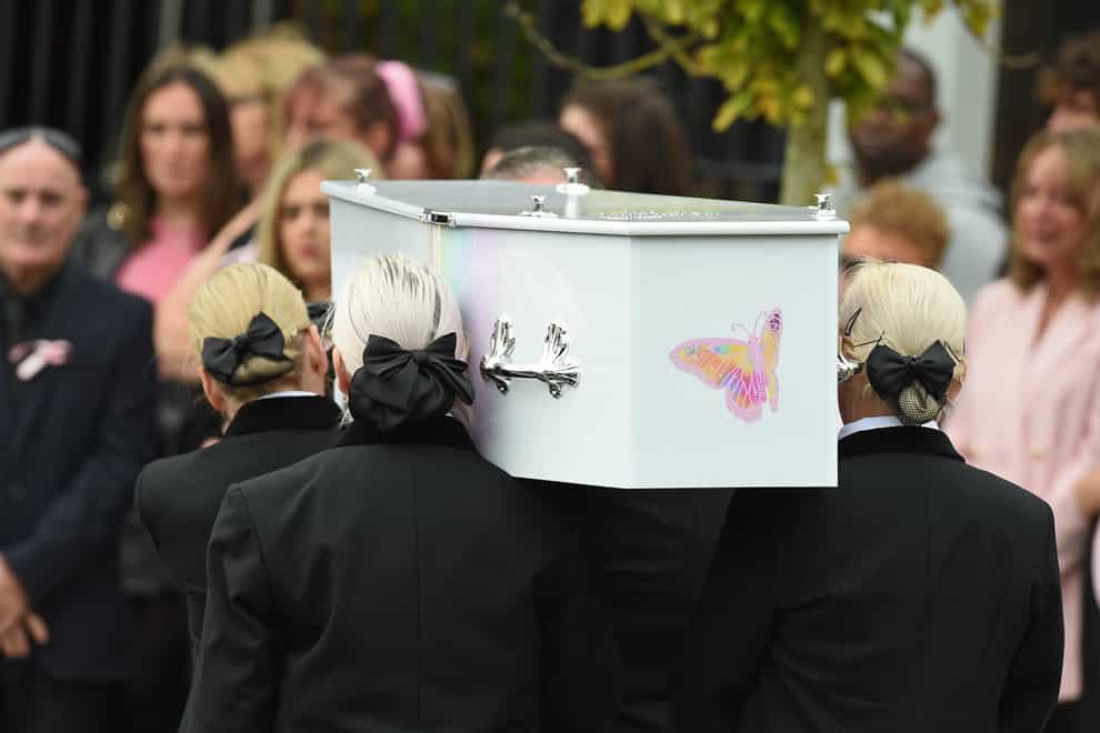 Olivia Pratt-Korbel’s coffin is carried into St Margaret Mary’s Church in Knotty Ash, Liverpool (Peter Powell/PA)
