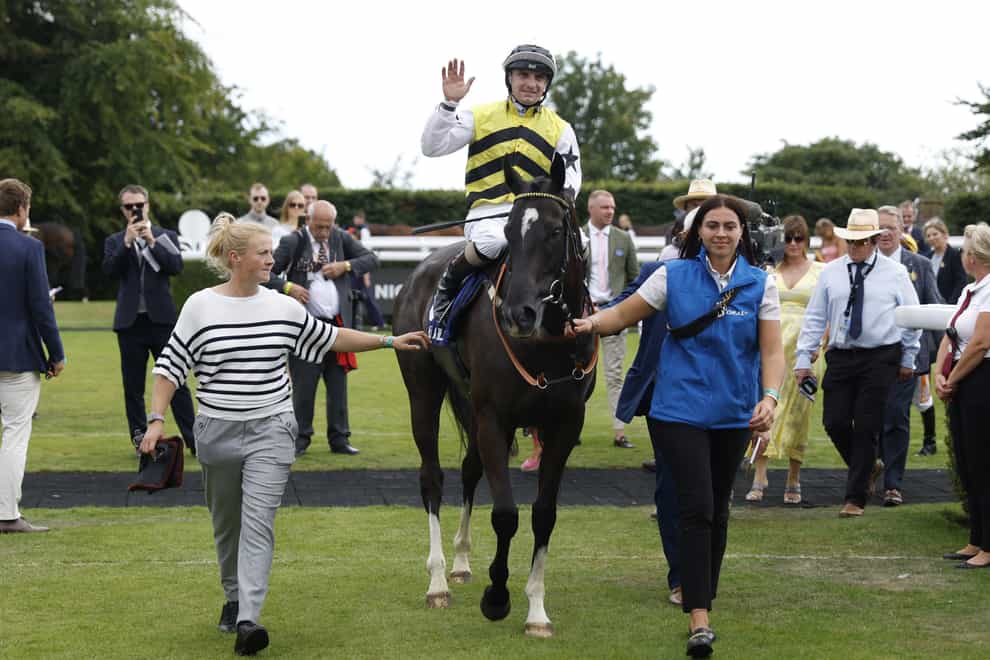 Commanche Falls after winning his second Stewards’ Cup at Goodwood (Steven Paston/PA)