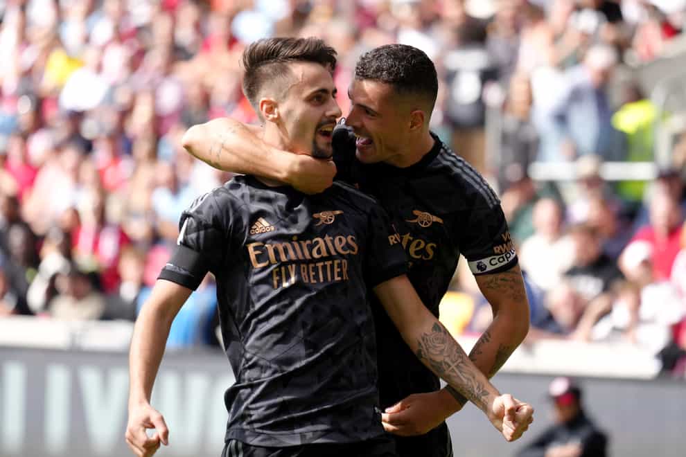 Fabio Vieira celebrates scoring Arsenal’s third (John Walton/PA)