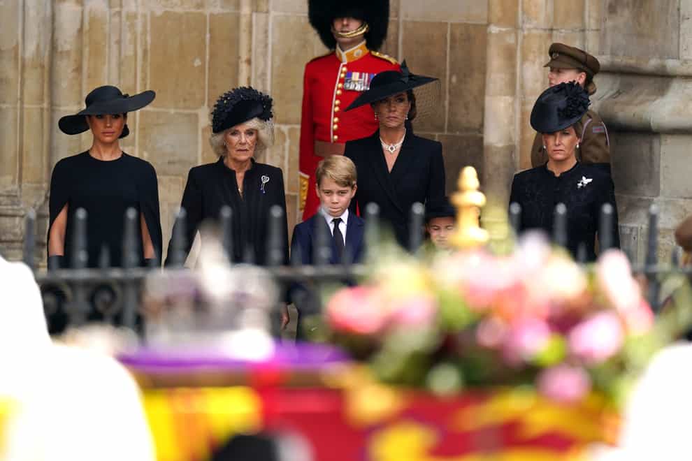 The Duchess of Sussex, the Queen Consort, Prince George, the Princess of Wales, Princess Charlotte and the Countess of Wessex after the state funeral of the Queen (Andrew Milligan/PA)