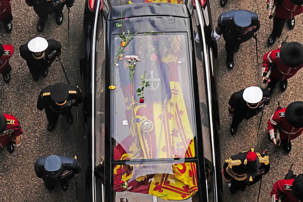 Flowers on the hearse carrying the coffin of Queen Elizabeth II (Aaron Chown/PA)