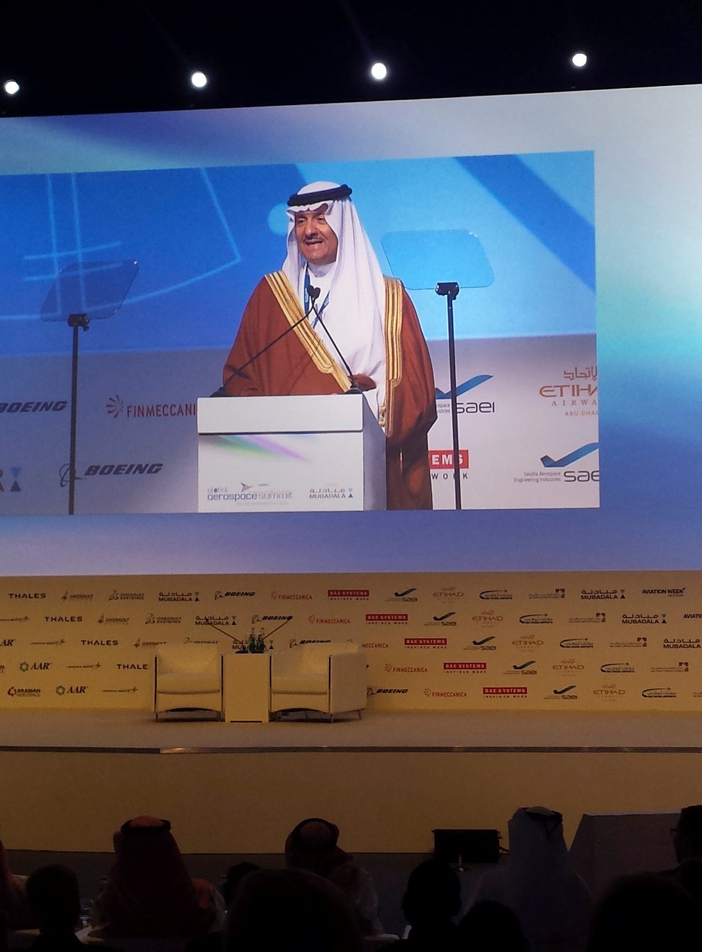 Saudi Arabia’s Prince Sultan bin Salman talks at the Global Aerospace Summit in Abu Dhabi in 2016 (Aya Batrawy/AP)