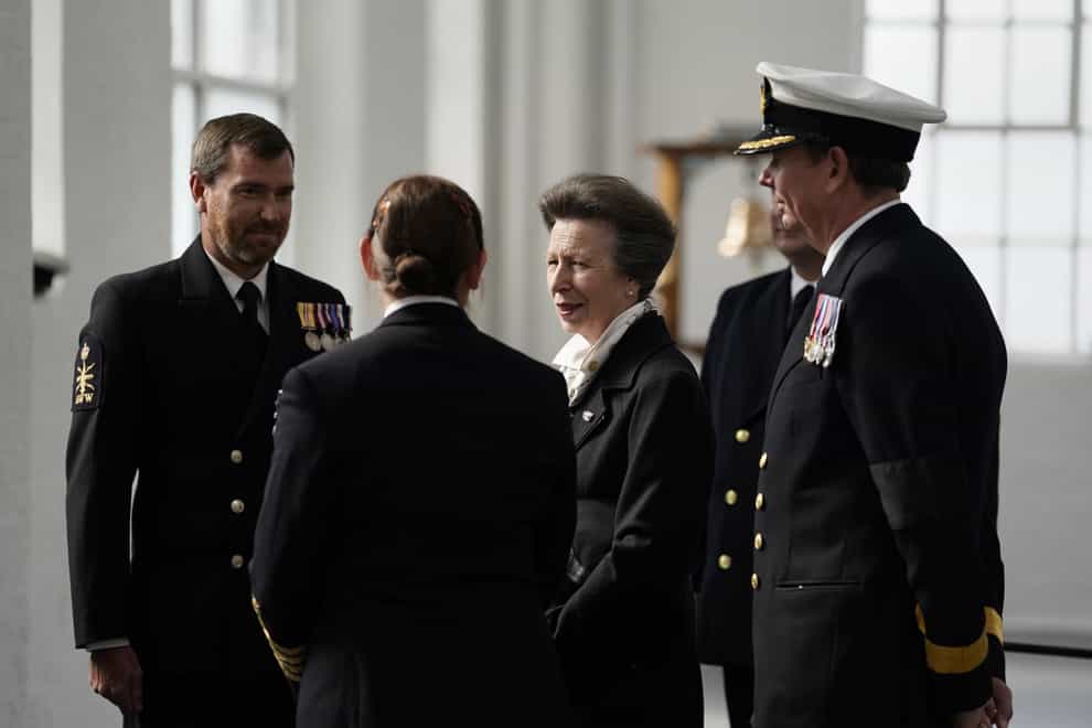 The Princess Royal, as Commodore-in-Chief Portsmouth, meets Royal Navy personnel at Portsmouth Naval Base who took part in the Queen’s funeral procession (Andrew Matthews/PA)