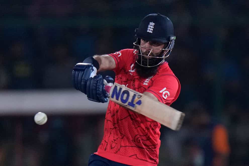 England captain Moeen Ali plays a shot during the second Twenty20 (Anium Naveed/AP)