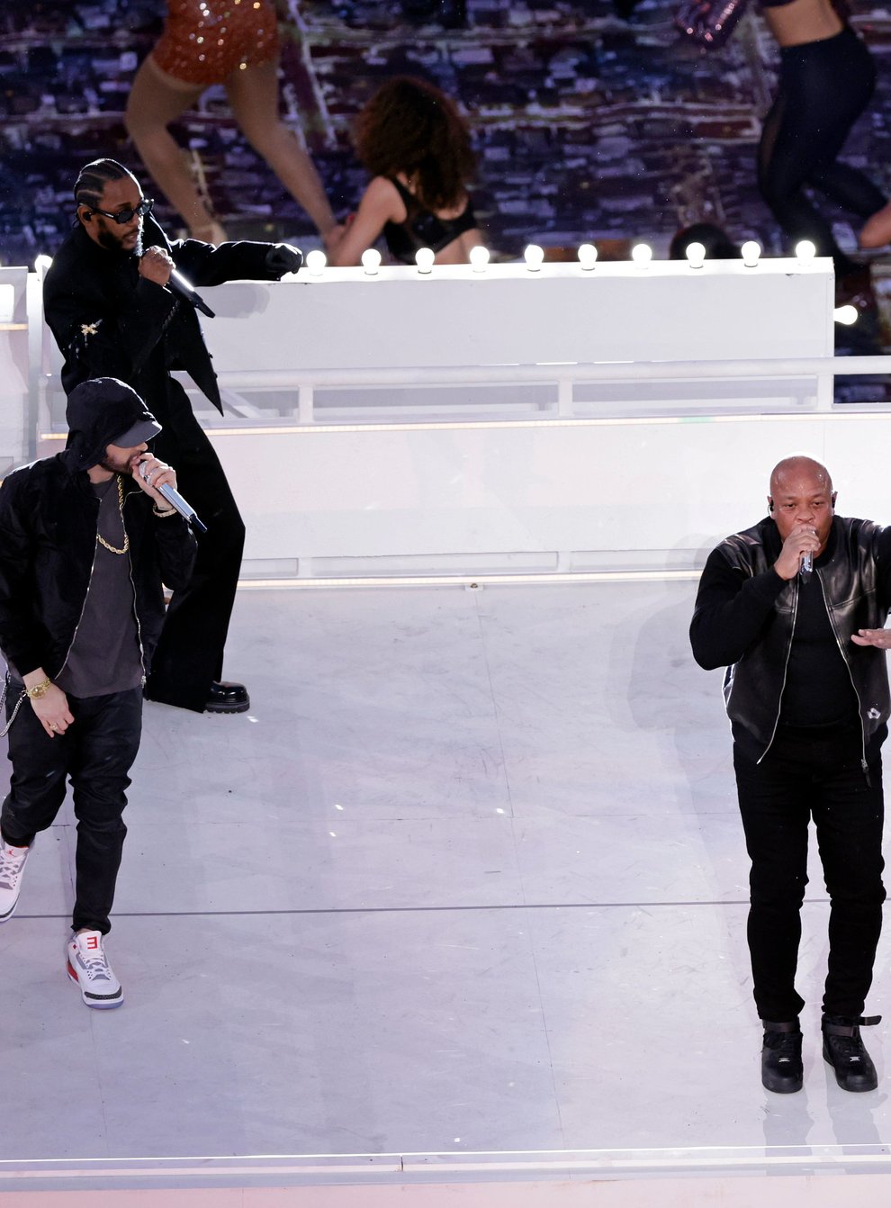 From left: Eminem, Kendrick Lamar, Dr Dre, Mary J Blige, 50 Cent and Snoop Dogg perform during the half-time show during the NFL SuperBowl 56 football game between the Los Angeles Rams and the Cincinnati Bengals on February 13, 2022 in Inglewood, California (Adam Hunger/AP)