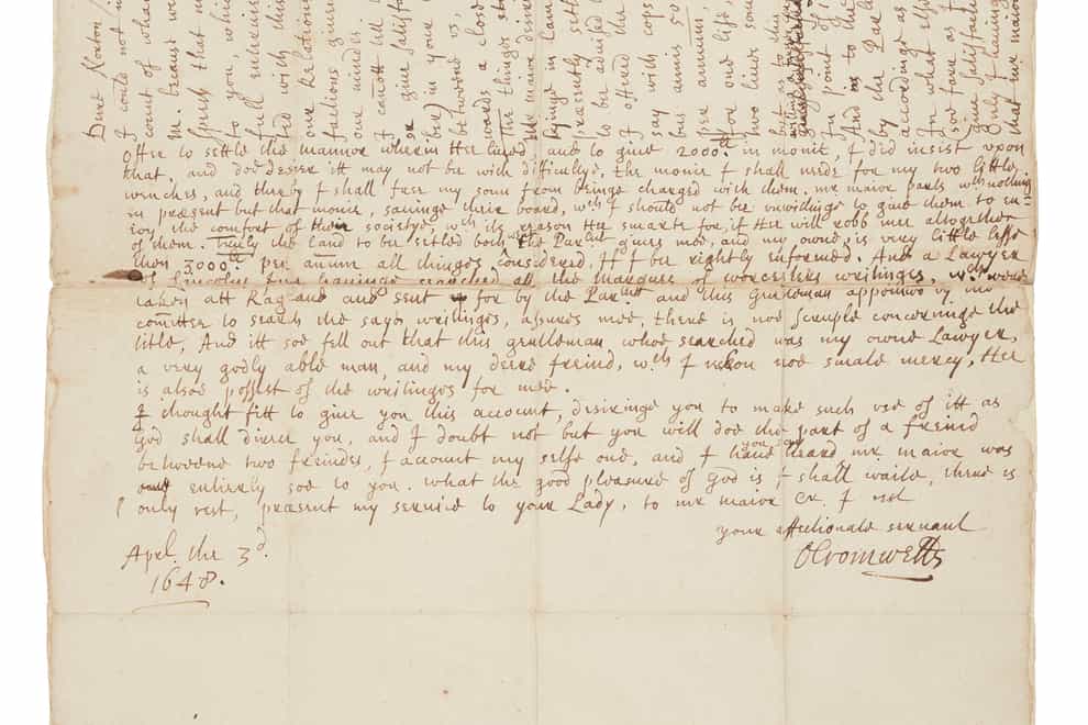 A letter written by Oliver Cromwell in 1648 will be sold by an Edinburgh auctioneer next week (Lyon & Turnbull/PA)