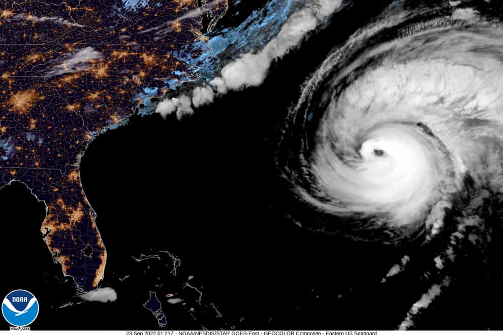This image provided by the National Hurricane Centre National Oceanic and Atmospheric Administration shows a satellite view as Hurricane Fiona moves up the United States Atlantic coast (AP)