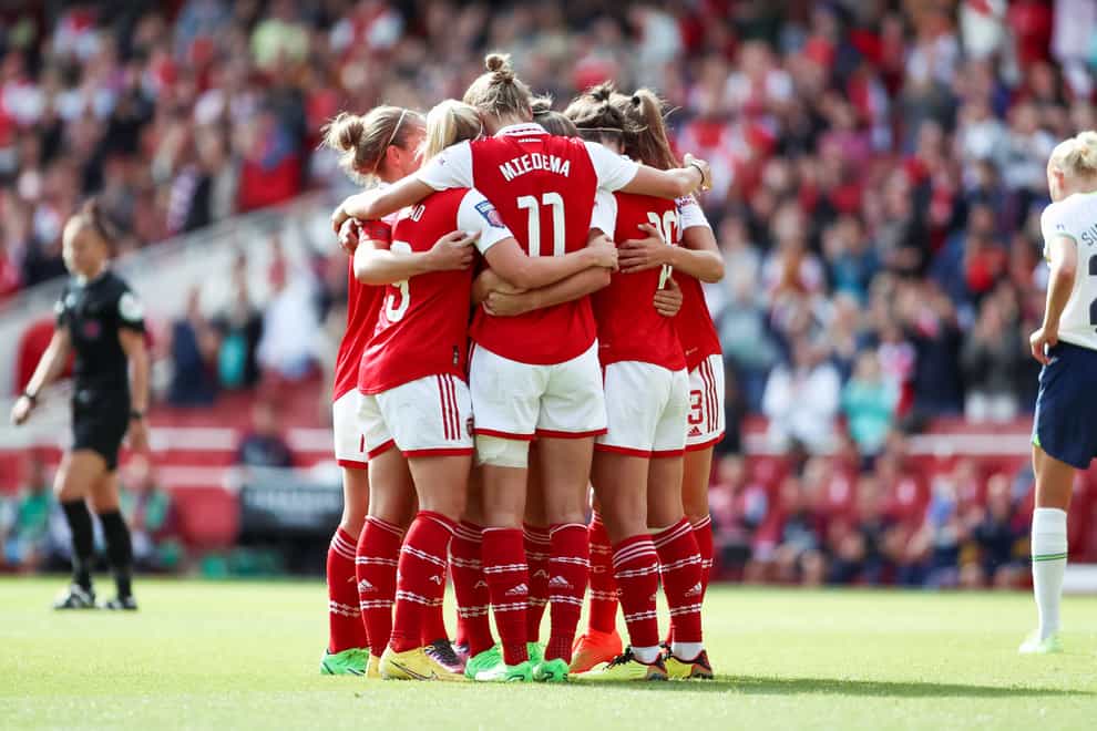Arsenal Women F.C celebrates after their sides second goal during the Barclays Women’s Super League match at Emirates Stadium, London. Picture date: Saturday September 24, 2022.