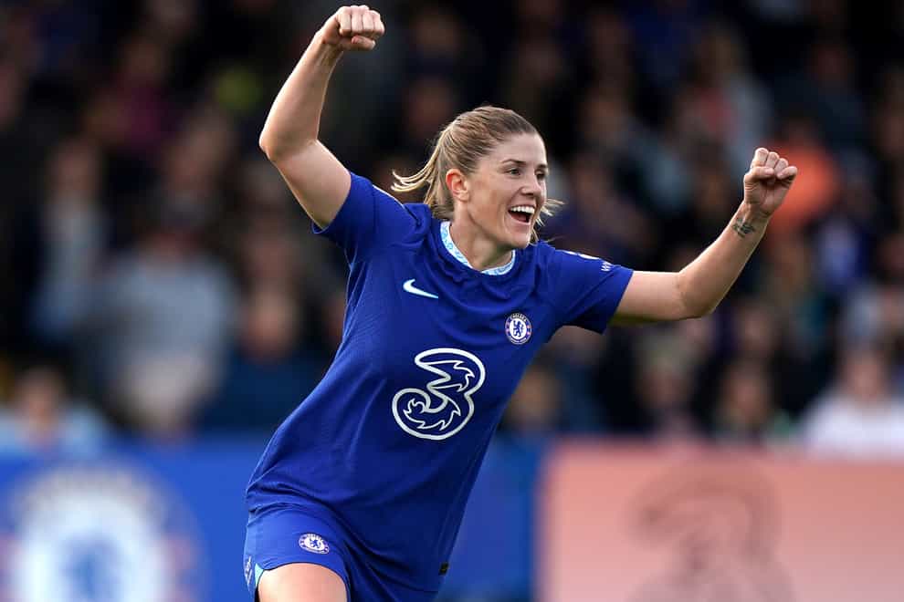Maren Mjelde celebrates after scoring Chelsea’s second goal in the win over Manchester City (Tim Goode/PA)