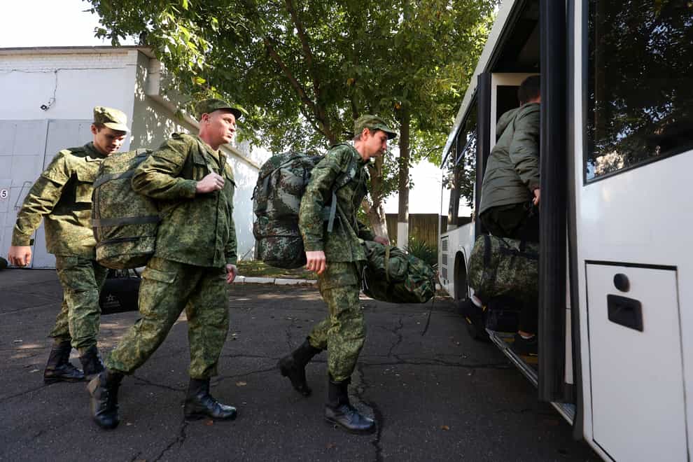 Russian recruits take a bus near a military recruitment centre in Krasnodar (AP)
