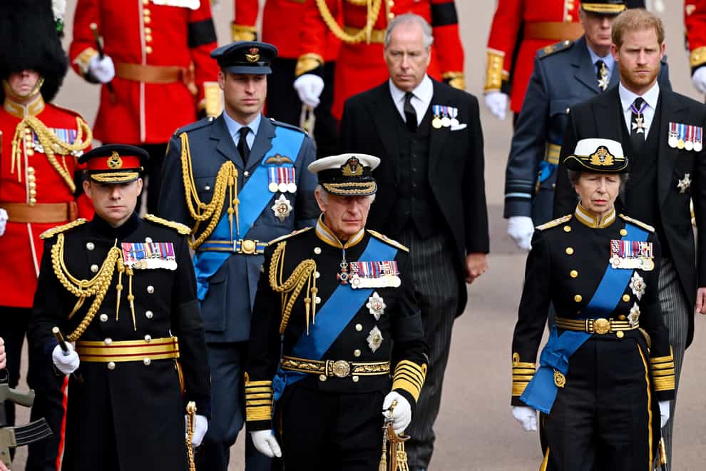 (from second left) Prince of Wales, King Charles III, Earl of Snowdon, Princess Royal and the Duke of Sussex, walk behind the State Hearse ahead of the Committal Service for Queen Elizabeth II at St George’s Chapel at Windsor Castle. Picture date: Monday September 19, 2022.