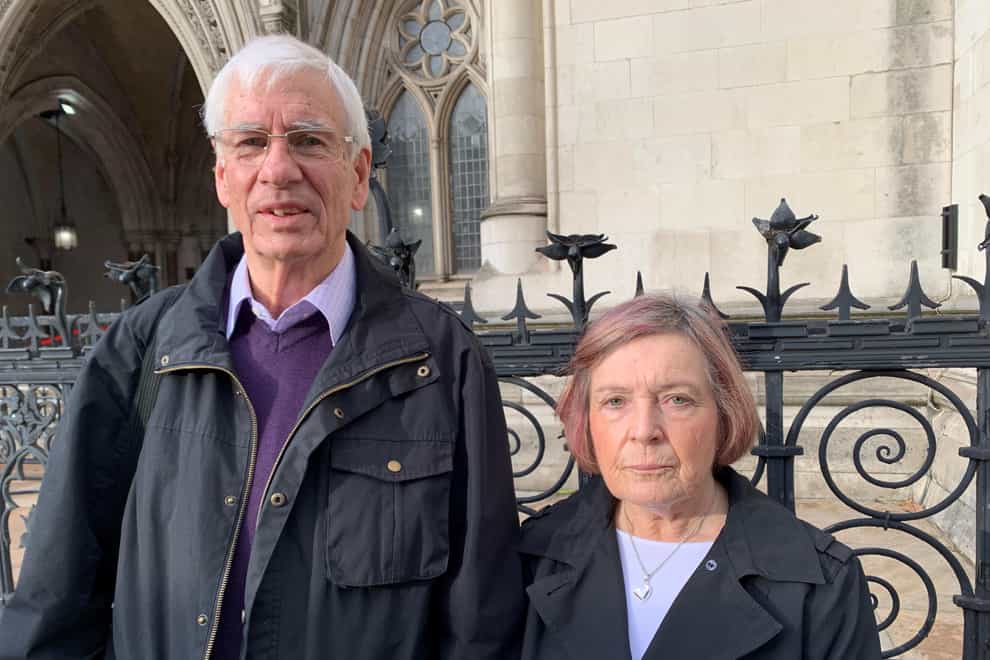 Andy and Angela Mays, aged 69 and 70 respectively, from Hull, outside The Royal Courts of Justice where today they secured a fresh inquest into the death of their 22-year-old daughter Sally Mays (Tom Pilgrim/PA)