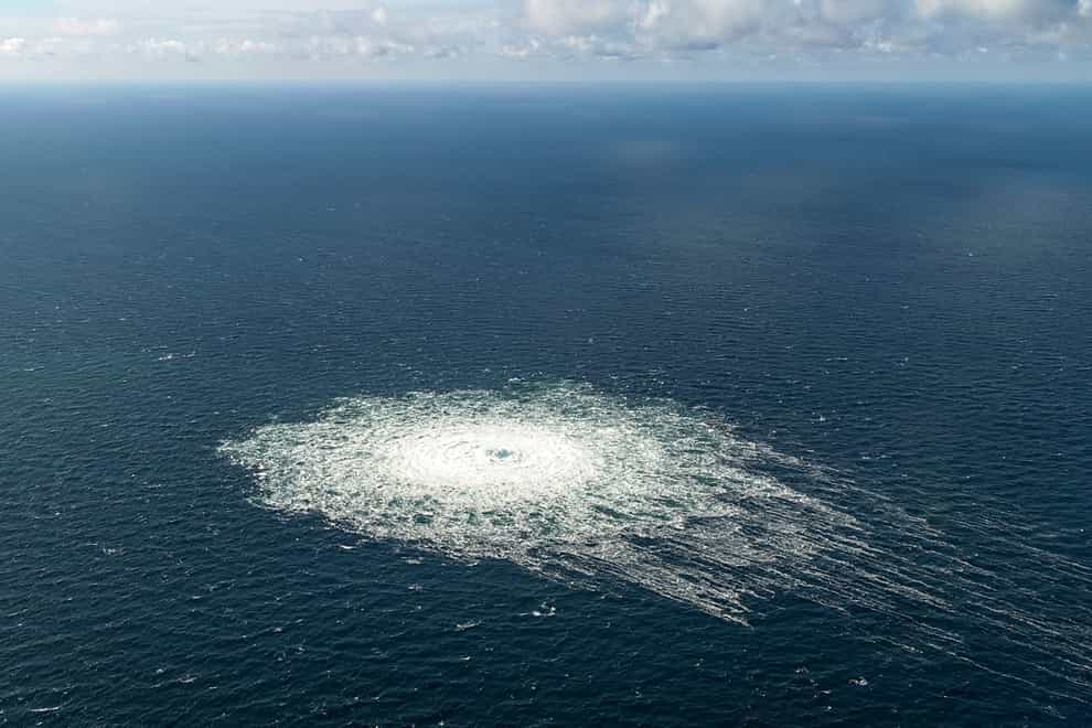 A large disturbance in the sea can be observed off the coast of the Danish island of Bornholm (Danish Defence Command via AP)