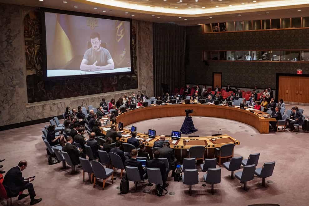 Ukraine President Volodymyr Zelensky addresses the United Nations Security Council by video (AP)