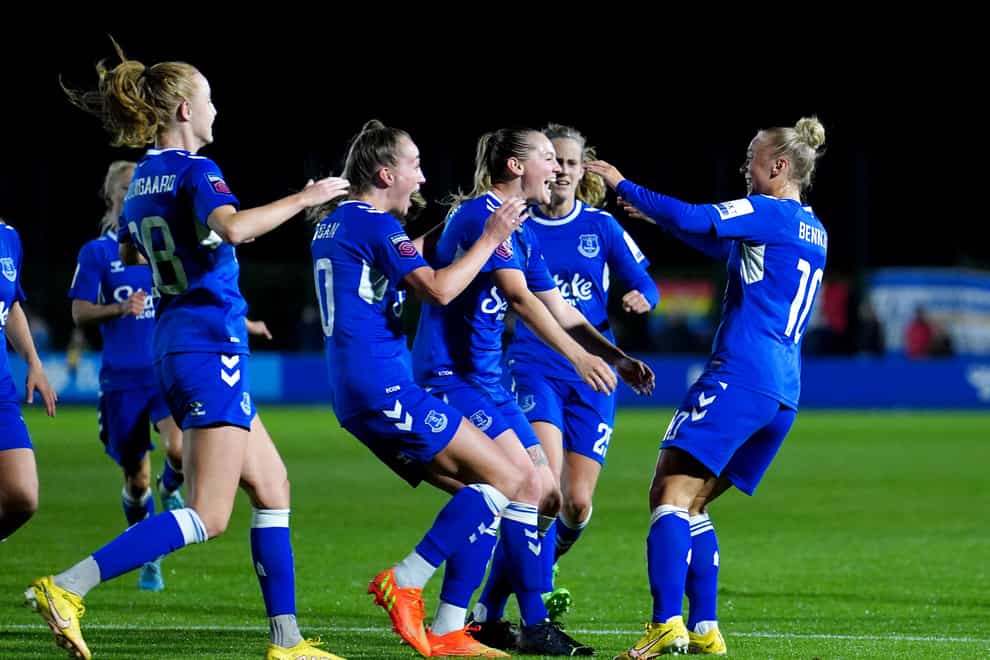 Everton’s Hanna Bennison (right) celebrates with team-mates after the late decider (Martin Rickett/PA).
