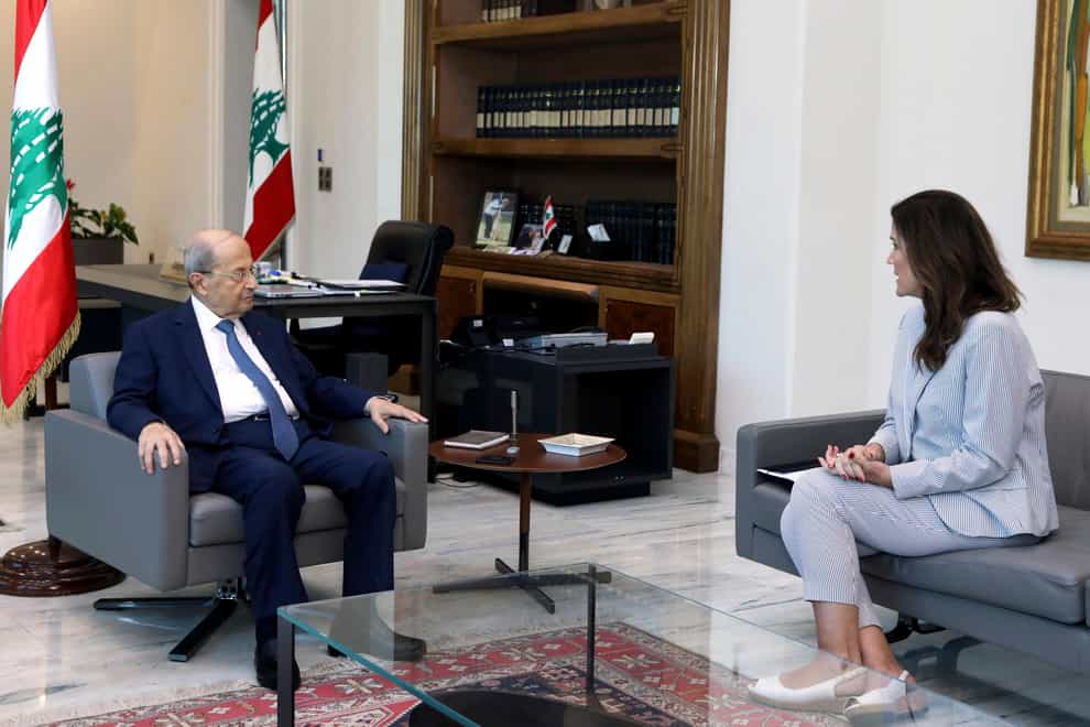 Lebanese president Michel Aoun meets US Ambassador to Lebanon Dorothy Shea, at the Presidential Palace in Baabda, east of Beiru (Dalati Nohra/AP)