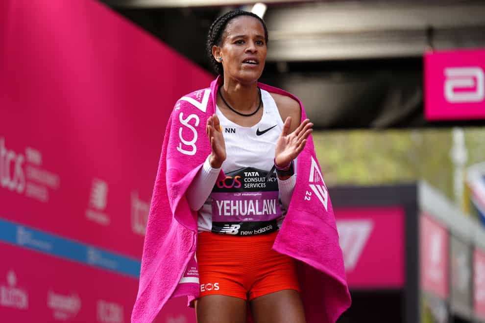 Ethiopia’s Yalemzerf Yehualaw celebrates winning the Women’s elite race at the London Marathon (John Walton/PA)