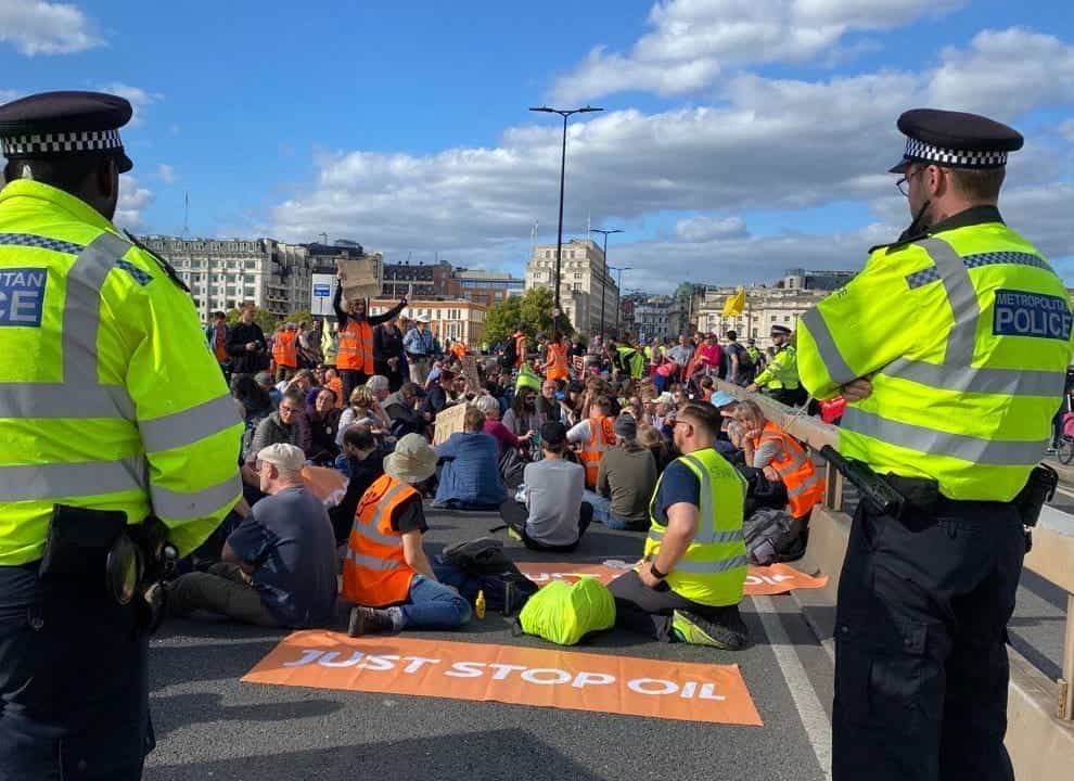 Protesters on Waterloo Bridge in London (Just Stop Oil/PA)