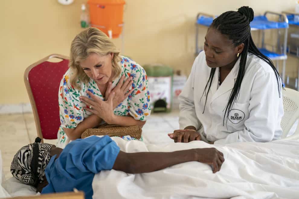 The Countess of Wessex meeting medical staff and survivors on a post-op ward at Panzi Hospital, Bukavu (Jane Barlow/PA)