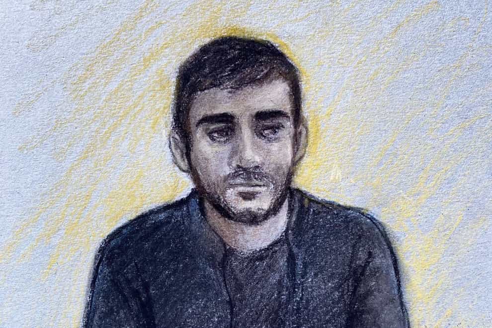 Court artist sketch by Elizabeth Cook of Jaswant Singh Chail, from Southampton, appearing via video link at Westminster Magistrates’ Court, in London, where he is charged under the Treason Act (Elizabeth Cook/PA)